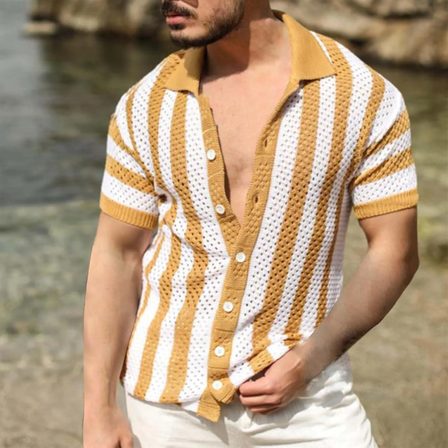 Men's Knit Fishnet Shirts Short Sleeve Button Down Breathable Polo Shirt Fashion Casual Summer Beach Vacation Shirts