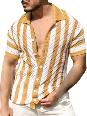 Men's Knit Fishnet Shirts Short Sleeve Button Down Breathable Polo Shirt Fashion Casual Summer Beach Vacation Shirts
