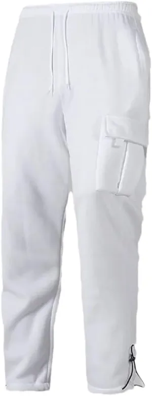 Men's Loose Fit Fleece Cargo Pants Drawstring Waist Multiple Pockets Full-Length Warm Casual Outdoor Jogger Pants