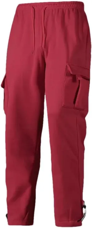 Men's Loose Fit Fleece Cargo Pants Drawstring Waist Multiple Pockets Full-Length Warm Casual Outdoor Jogger Pants