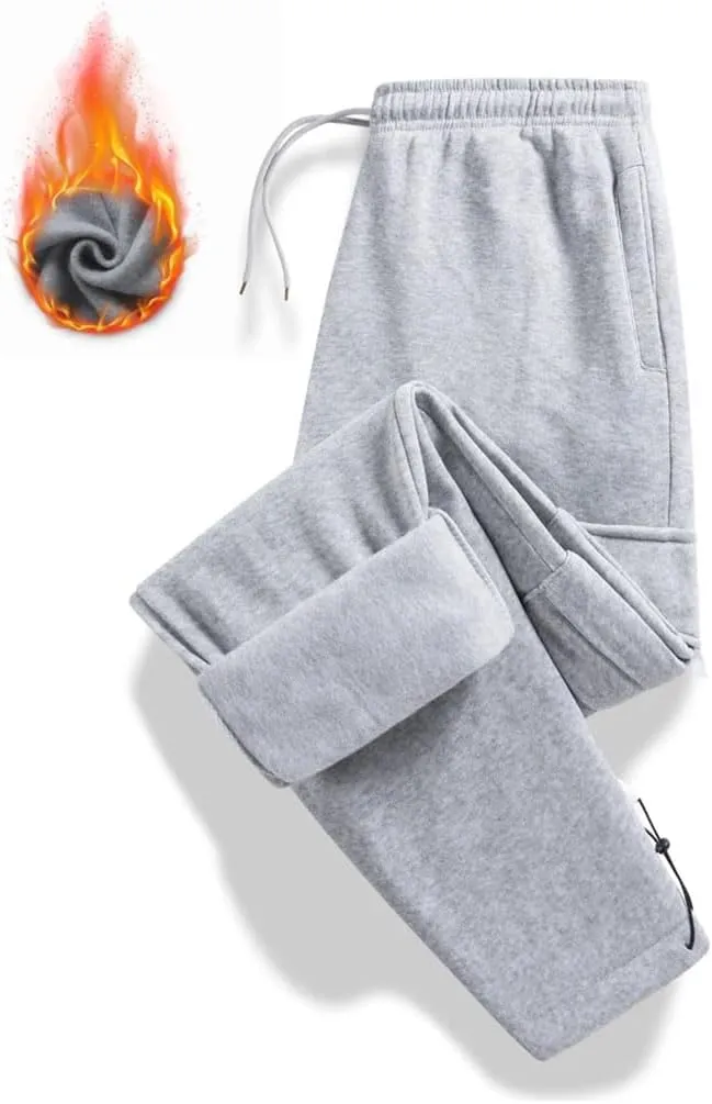 Men's Loose Fit Fleece Cargo Pants Drawstring Waist Multiple Pockets Full-Length Warm Casual Outdoor Jogger Pants