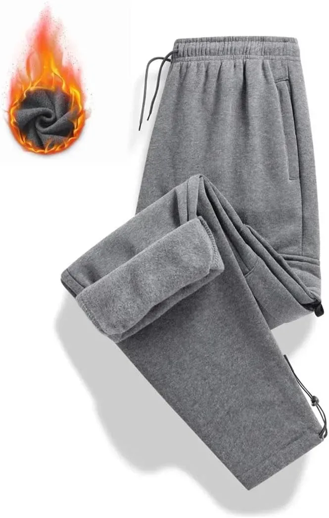 Men's Loose Fit Fleece Cargo Pants Drawstring Waist Multiple Pockets Full-Length Warm Casual Outdoor Jogger Pants