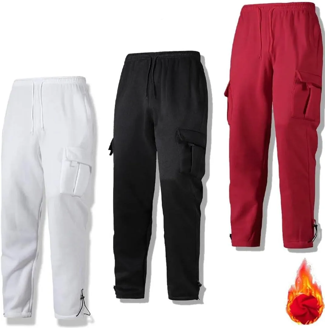 Men's Loose Fit Fleece Cargo Pants Drawstring Waist Multiple Pockets Full-Length Warm Casual Outdoor Jogger Pants