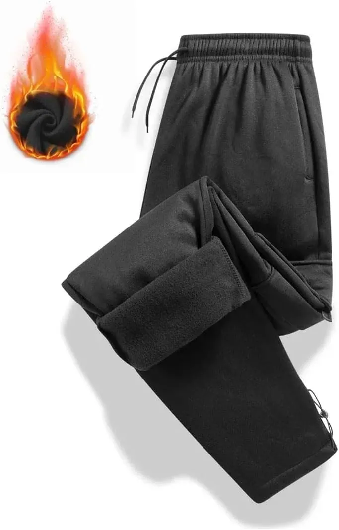 Men's Loose Fit Fleece Cargo Pants Drawstring Waist Multiple Pockets Full-Length Warm Casual Outdoor Jogger Pants