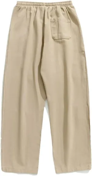 Men's Loose Fit Wide-Leg Cotton Pants with Drawstring Waist Vintage Casual Streetwear Trousers