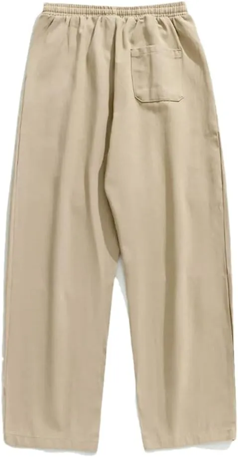 Men's Loose Fit Wide-Leg Cotton Pants with Drawstring Waist Vintage Casual Streetwear Trousers