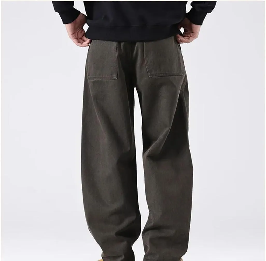 Men's Loose Straight Cargo Pants Drawstring Waist Safari Style Full Length Casual Cotton Trousers
