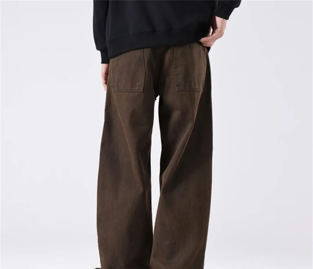 Men's Loose Straight Cargo Pants Drawstring Waist Safari Style Full Length Casual Cotton Trousers