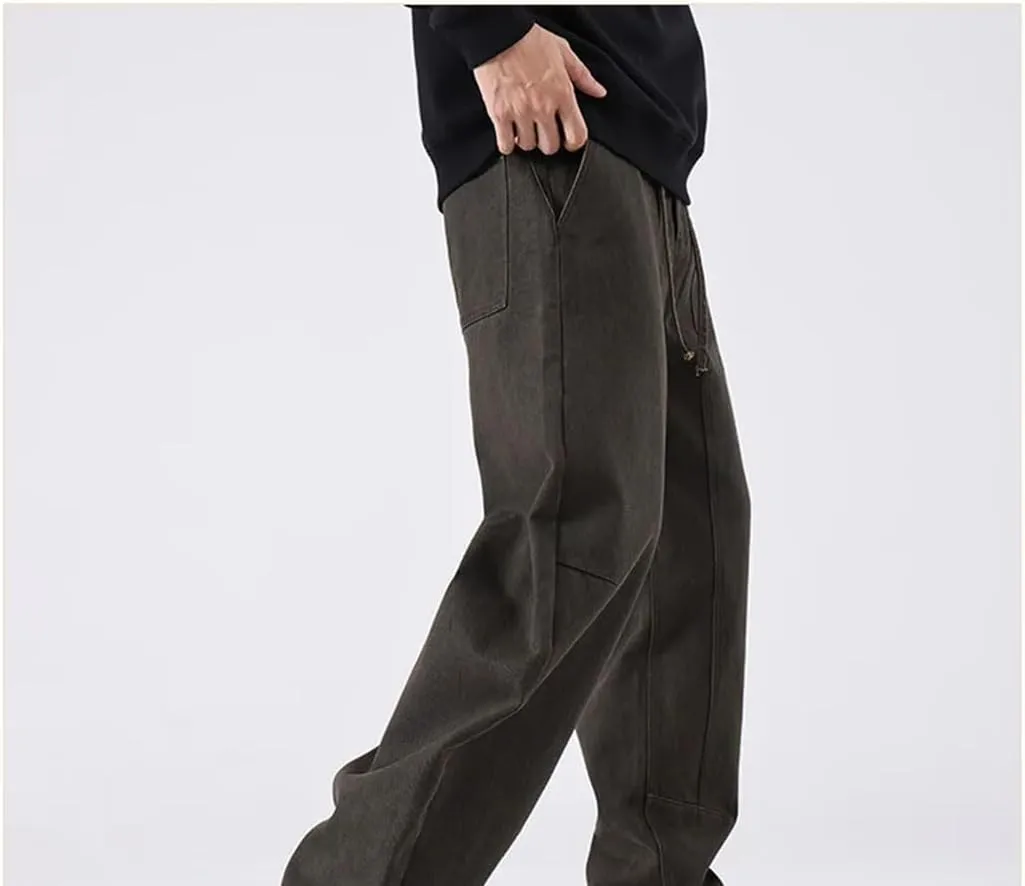Men's Loose Straight Cargo Pants Drawstring Waist Safari Style Full Length Casual Cotton Trousers