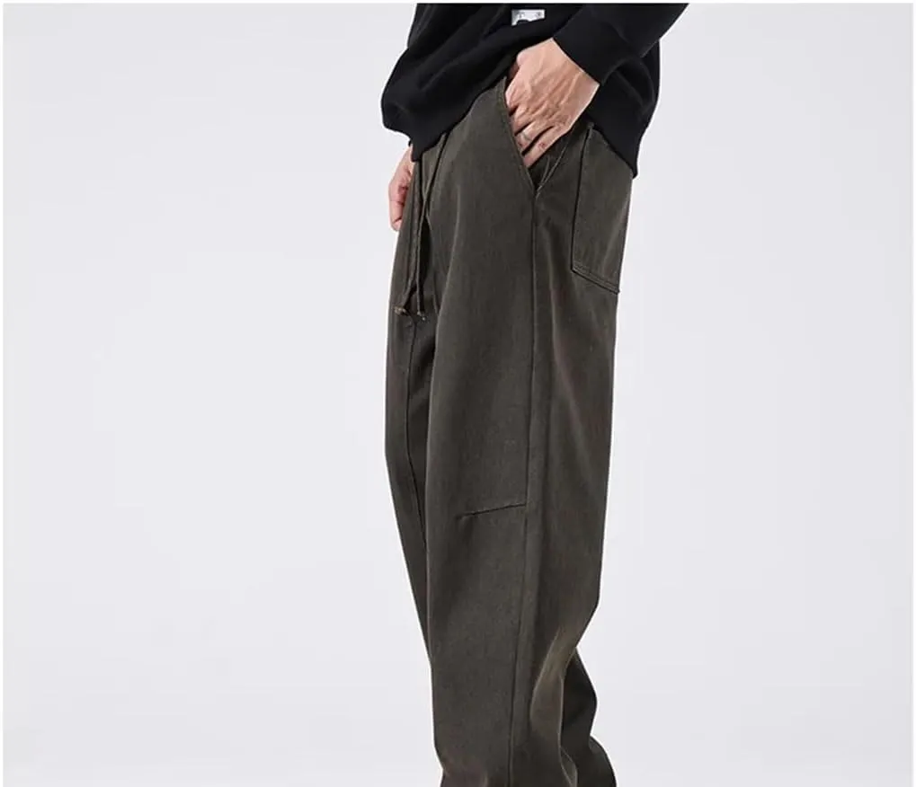 Men's Loose Straight Cargo Pants Drawstring Waist Safari Style Full Length Casual Cotton Trousers