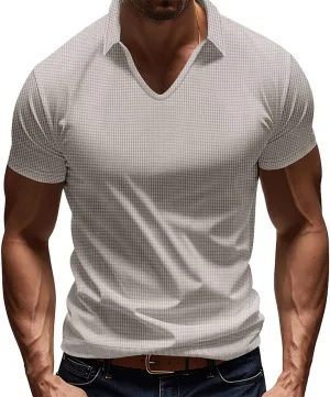 Mens Muscle Polo Shirt Casual V Neck Short Sleeve Ribbed Hollow Out Knit Tees Mesh Breathable Comfy Beach Waffle Tops