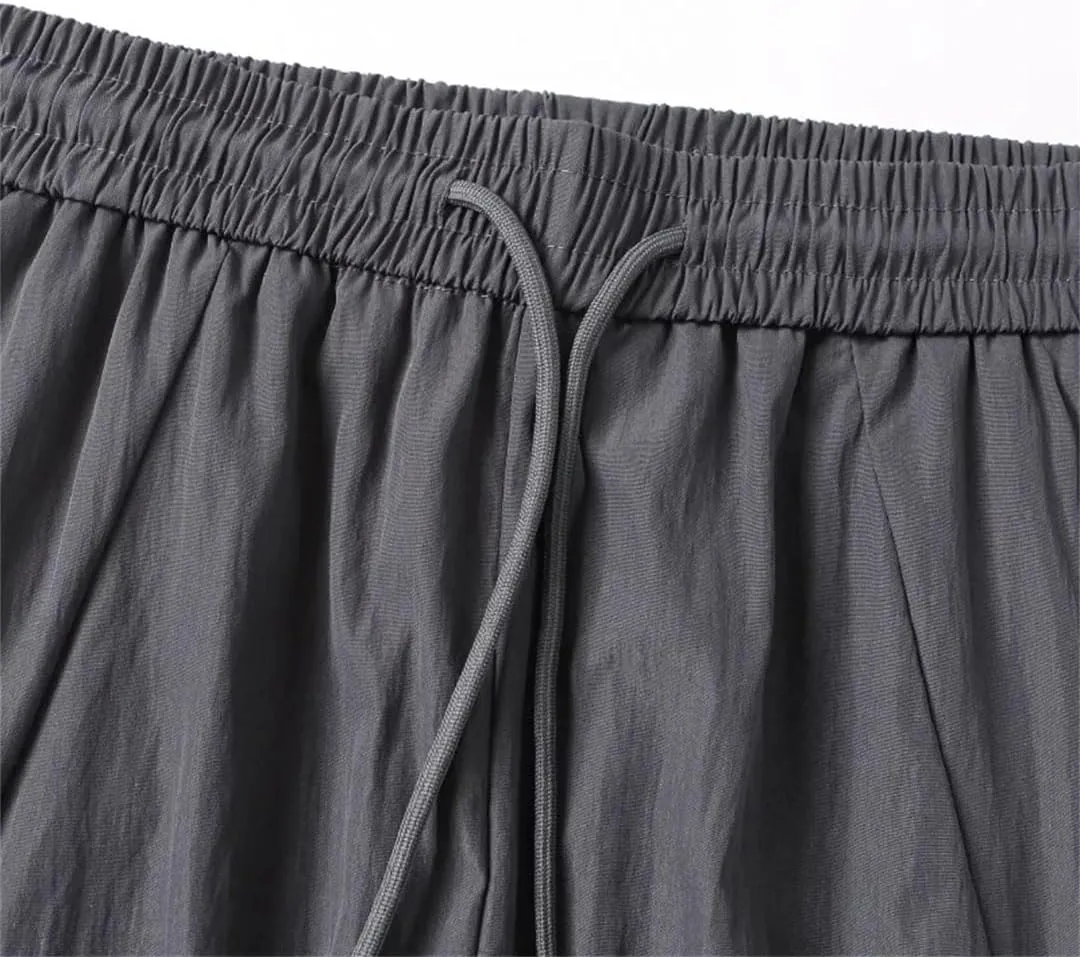 Men's Preppy Style Casual Trousers Elastic High Waist with Pockets Cropped Loose Fit Cargo Pants