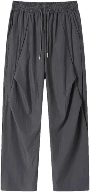 Men's Preppy Style Casual Trousers Elastic High Waist with Pockets Cropped Loose Fit Cargo Pants
