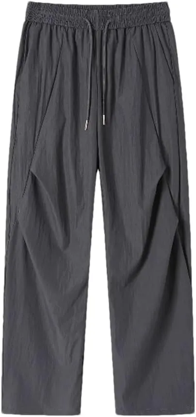 Men's Preppy Style Casual Trousers Elastic High Waist with Pockets Cropped Loose Fit Cargo Pants