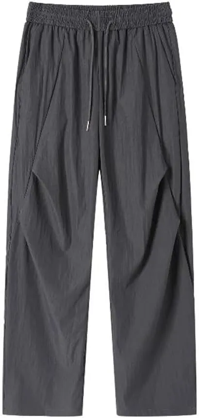 Men's Preppy Style Casual Trousers Elastic High Waist with Pockets Cropped Loose Fit Cargo Pants