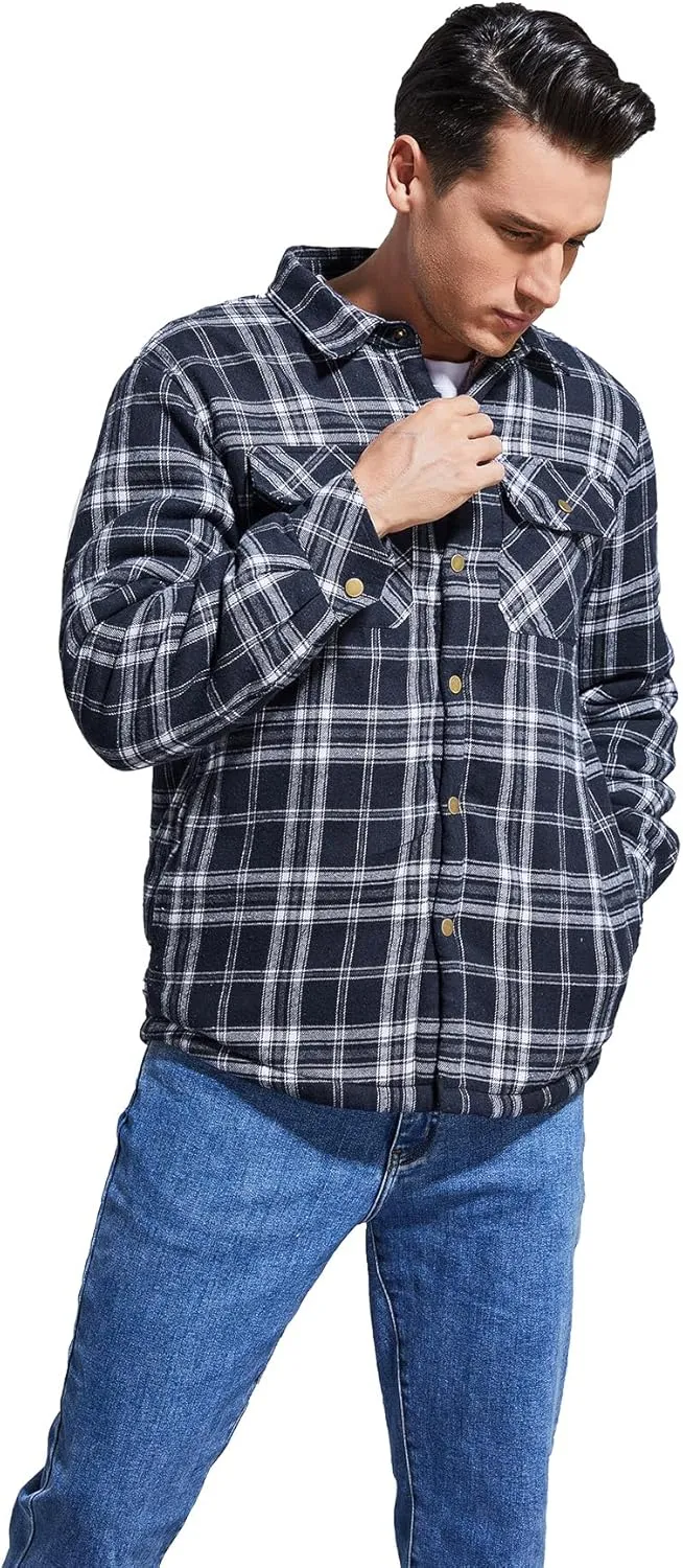 Men's Sherpa Lined Cotton Flannel Shirt Jacket Plaid Button Up Jacket Coat for Men with Pocket