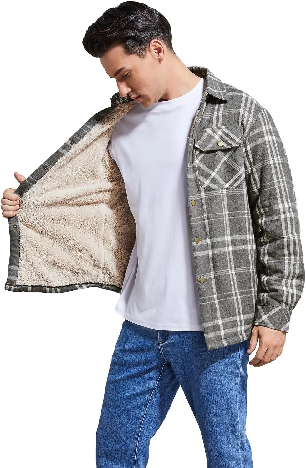 Men's Sherpa Lined Cotton Flannel Shirt Jacket Plaid Button Up Jacket Coat for Men with Pocket