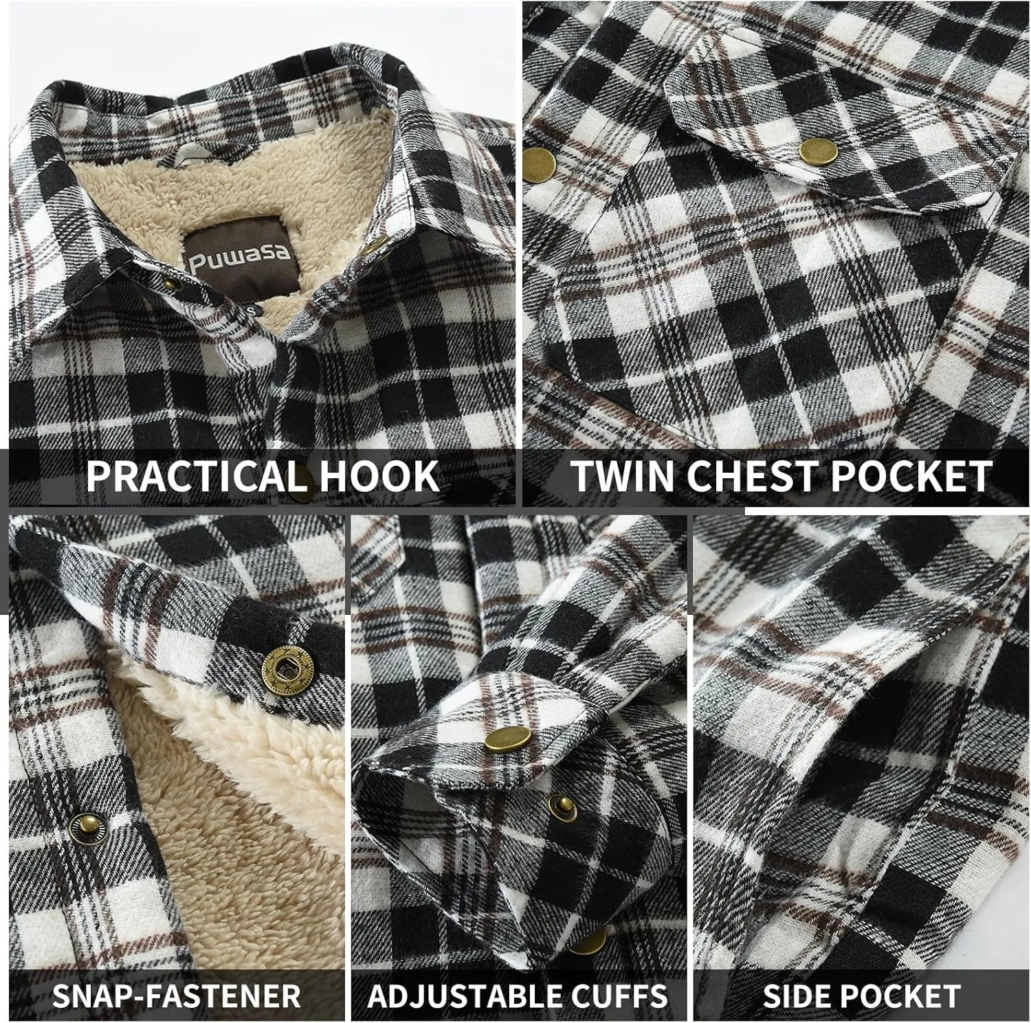 Men's Sherpa Lined Cotton Flannel Shirt Jacket Plaid Button Up Jacket Coat for Men with Pocket