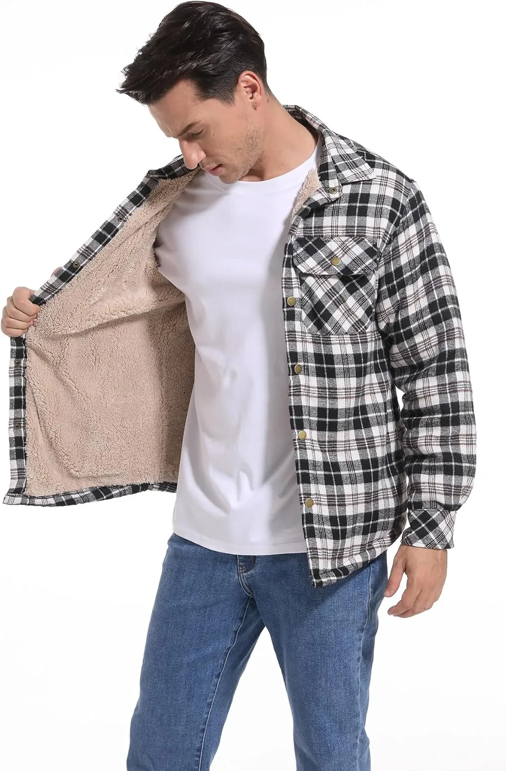 Men's Sherpa Lined Cotton Flannel Shirt Jacket Plaid Button Up Jacket Coat for Men with Pocket