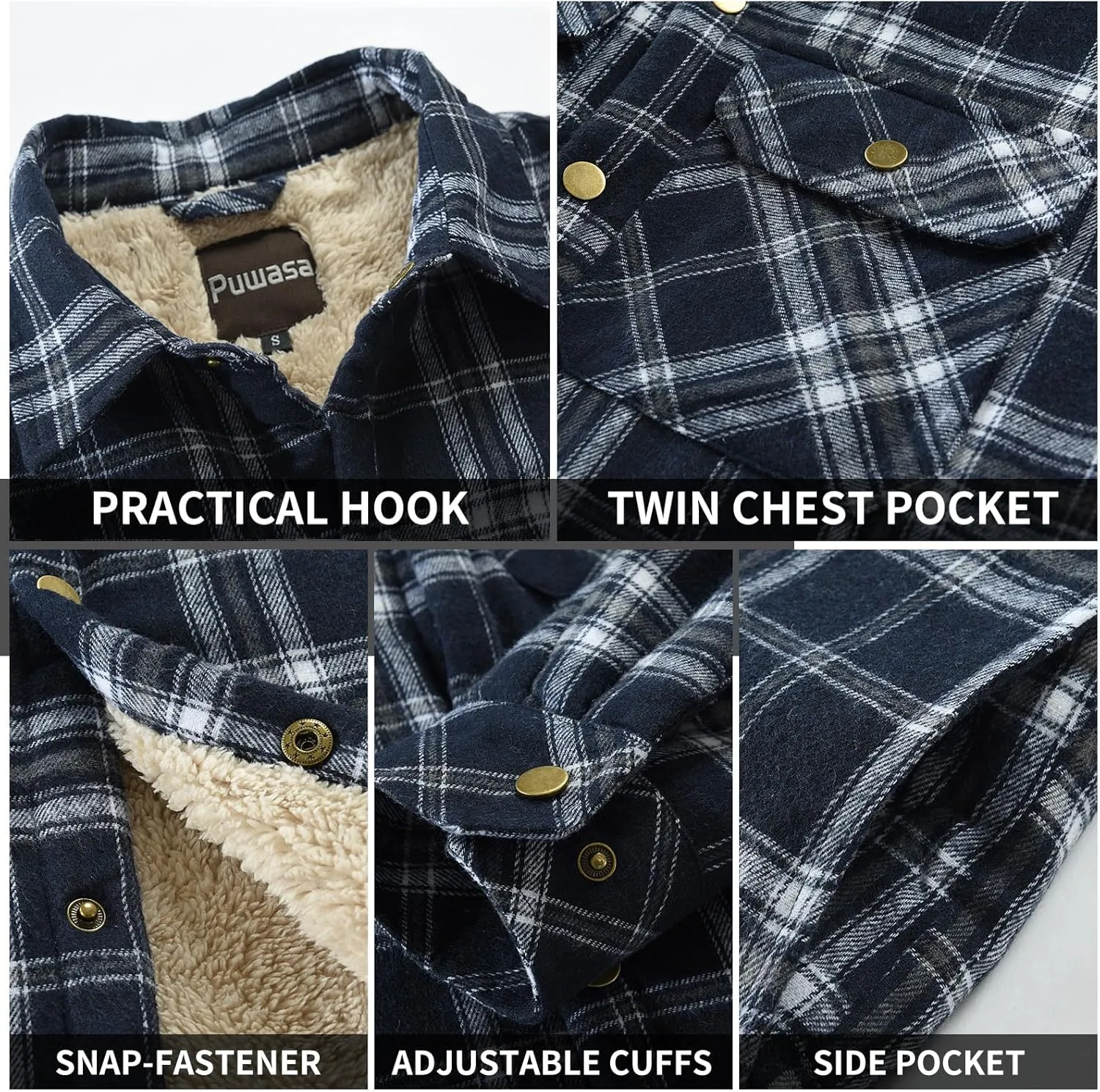 Men's Sherpa Lined Cotton Flannel Shirt Jacket Plaid Button Up Jacket Coat for Men with Pocket