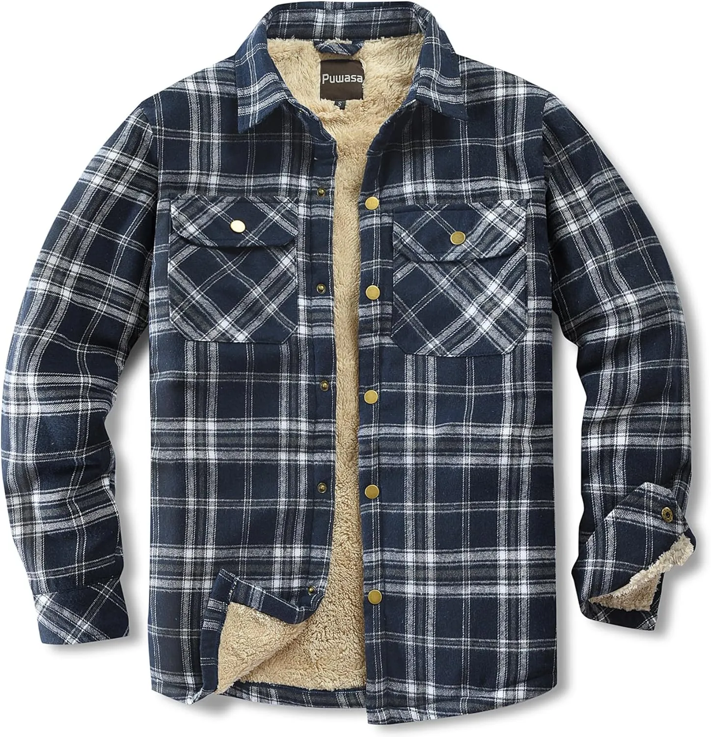 Men's Sherpa Lined Cotton Flannel Shirt Jacket Plaid Button Up Jacket Coat for Men with Pocket