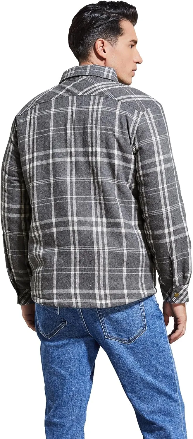 Men's Sherpa Lined Cotton Flannel Shirt Jacket Plaid Button Up Jacket Coat for Men with Pocket