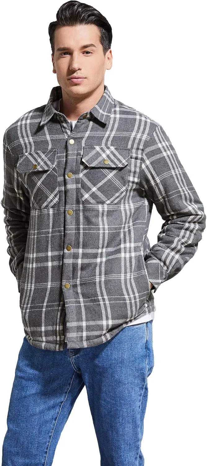 Men's Sherpa Lined Cotton Flannel Shirt Jacket Plaid Button Up Jacket Coat for Men with Pocket