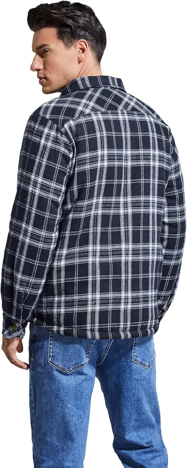 Men's Sherpa Lined Cotton Flannel Shirt Jacket Plaid Button Up Jacket Coat for Men with Pocket