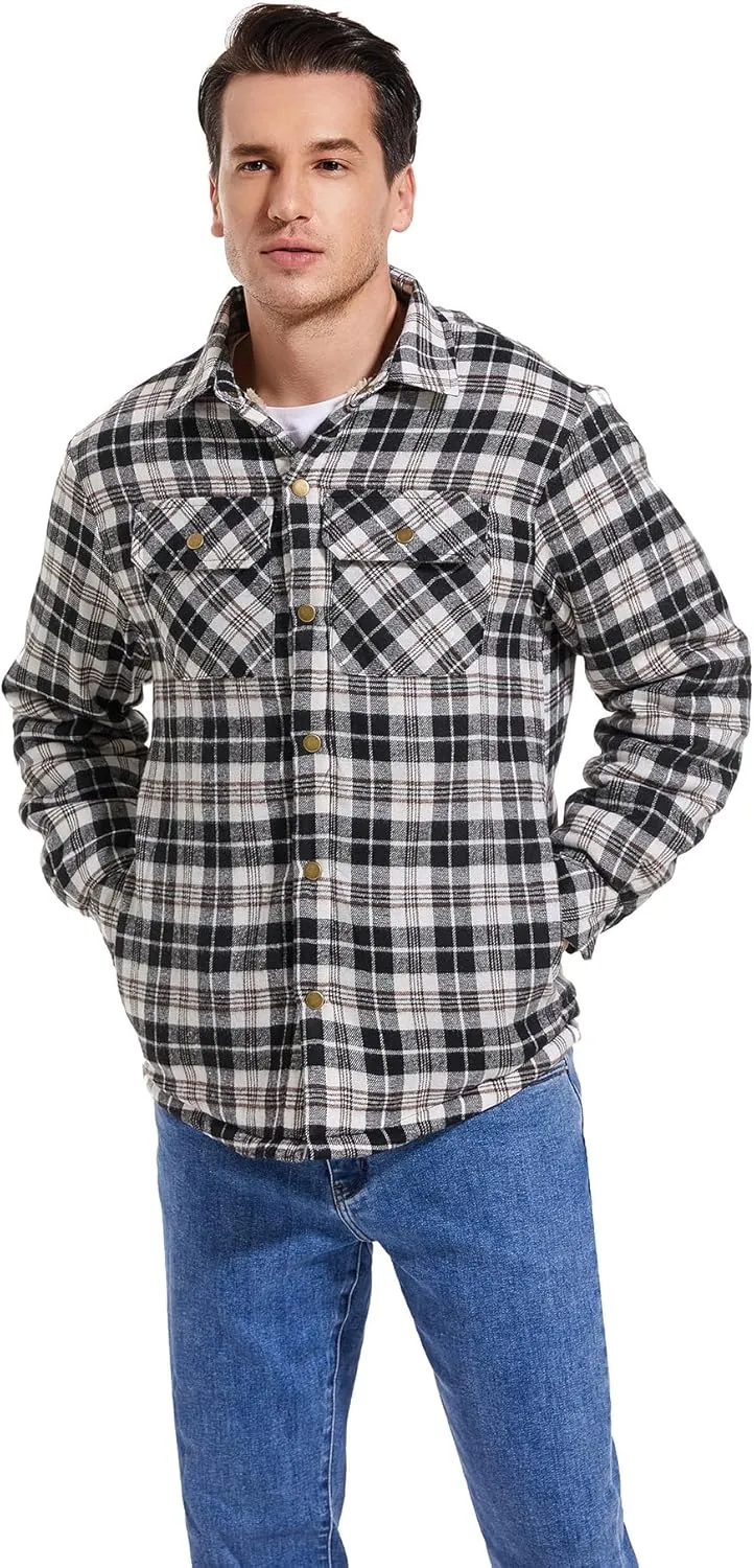 Men's Sherpa Lined Cotton Flannel Shirt Jacket Plaid Button Up Jacket Coat for Men with Pocket