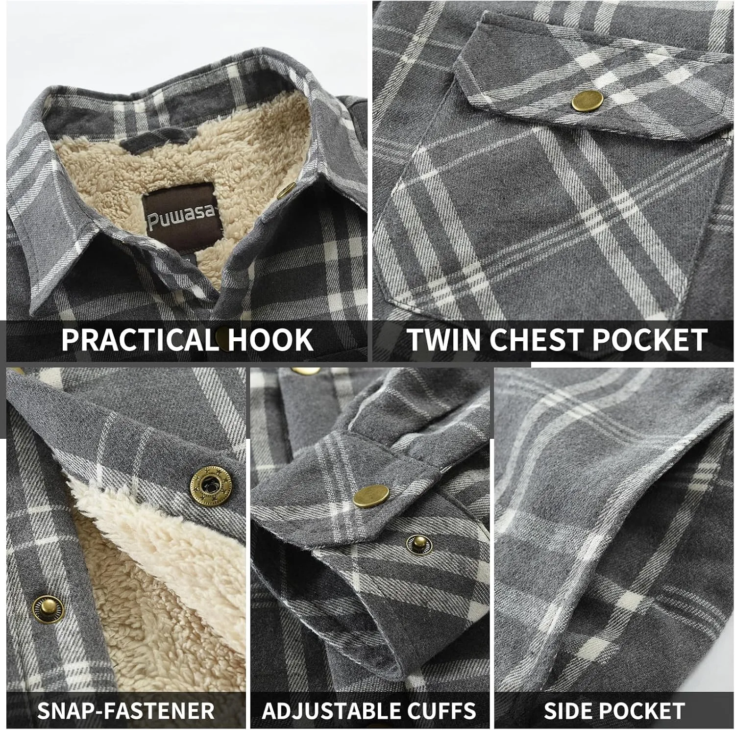 Men's Sherpa Lined Cotton Flannel Shirt Jacket Plaid Button Up Jacket Coat for Men with Pocket