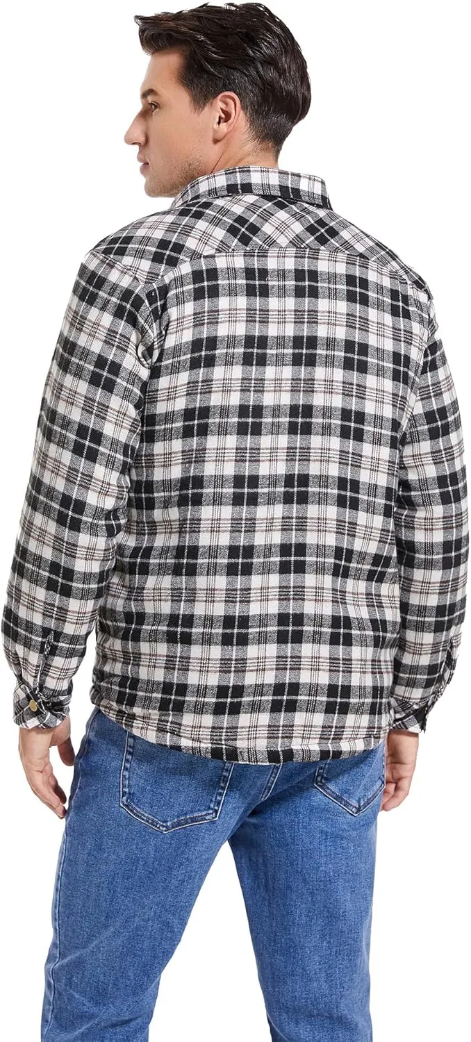 Men's Sherpa Lined Cotton Flannel Shirt Jacket Plaid Button Up Jacket Coat for Men with Pocket