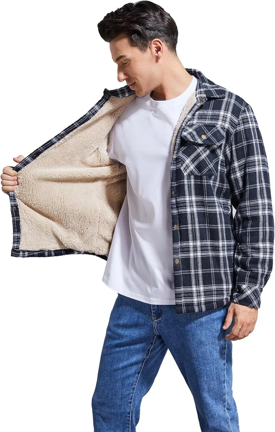 Men's Sherpa Lined Cotton Flannel Shirt Jacket Plaid Button Up Jacket Coat for Men with Pocket
