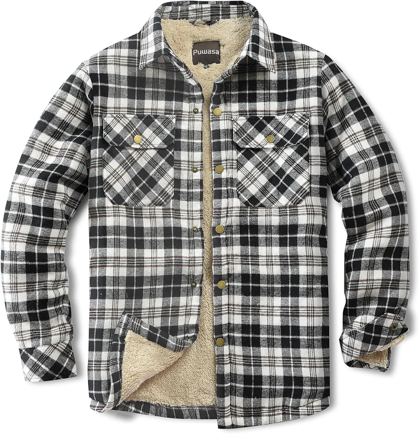 Men's Sherpa Lined Cotton Flannel Shirt Jacket Plaid Button Up Jacket Coat for Men with Pocket