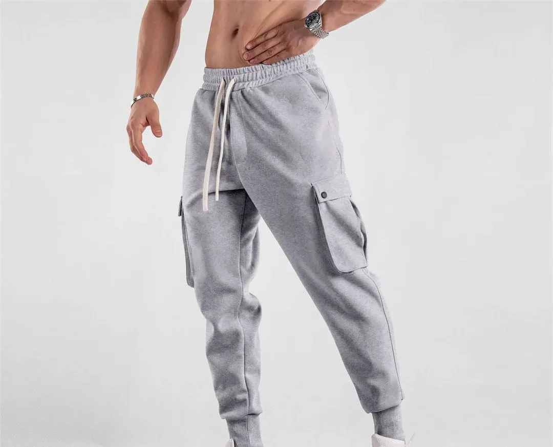 Men's Slim-Fit Cargo Pants with Drawstring Waist Full-Length Outdoor Sports Jogger Casual Trousers