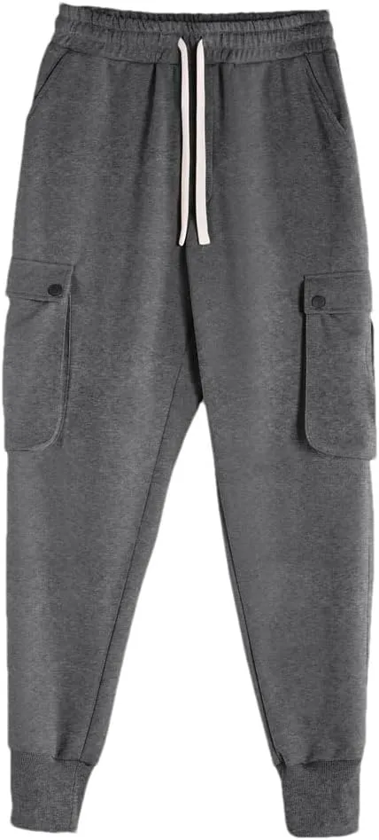Men's Slim-Fit Cargo Pants with Drawstring Waist Full-Length Outdoor Sports Jogger Casual Trousers