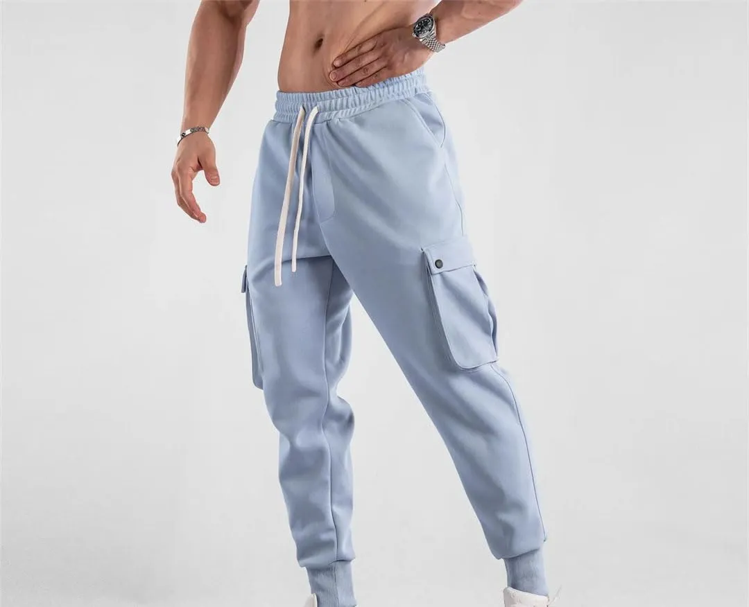 Men's Slim-Fit Cargo Pants with Drawstring Waist Full-Length Outdoor Sports Jogger Casual Trousers