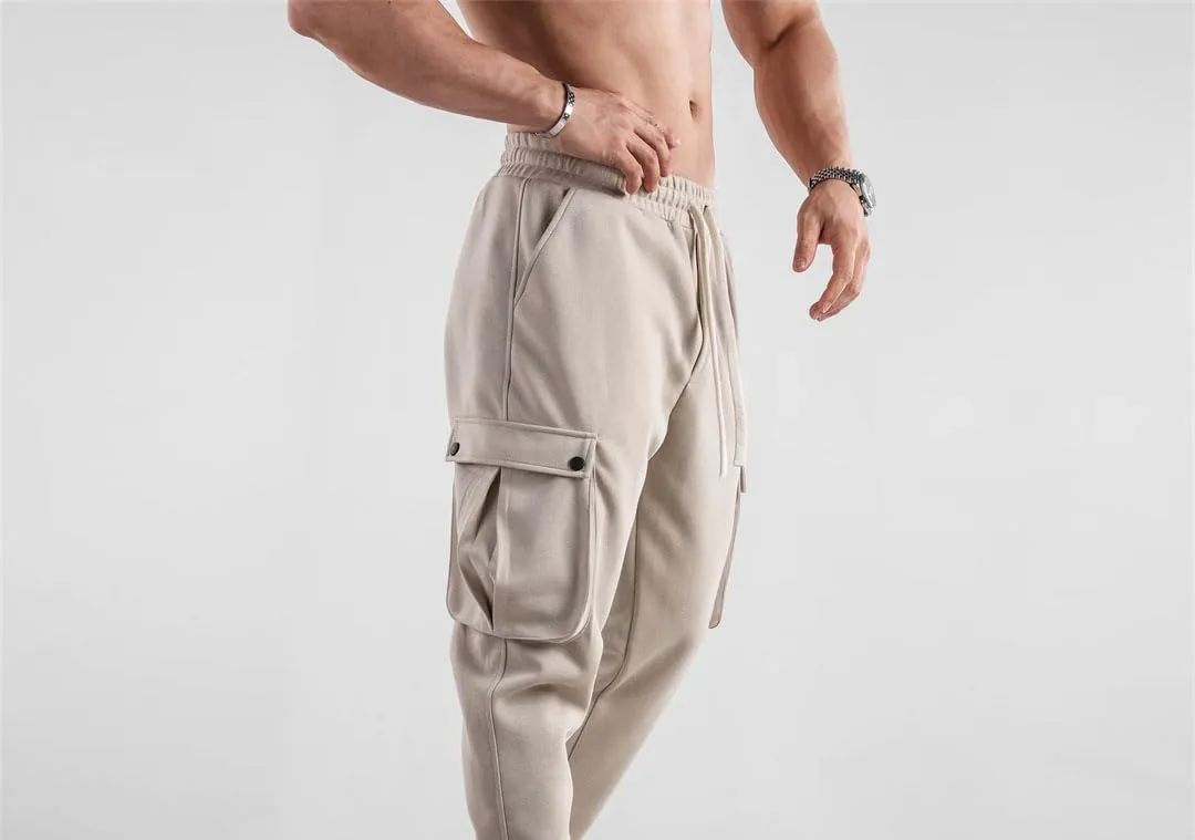 Men's Slim-Fit Cargo Pants with Drawstring Waist Full-Length Outdoor Sports Jogger Casual Trousers