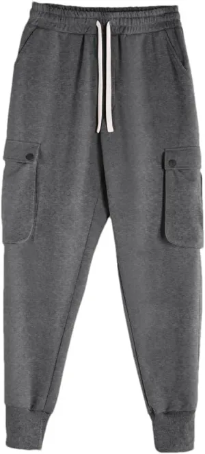 Men's Slim-Fit Cargo Pants with Drawstring Waist Full-Length Outdoor Sports Jogger Casual Trousers