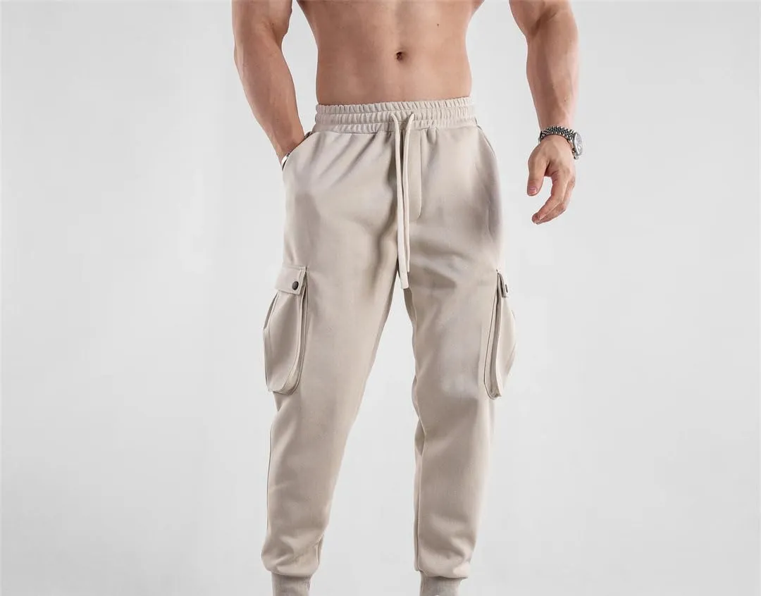 Men's Slim-Fit Cargo Pants with Drawstring Waist Full-Length Outdoor Sports Jogger Casual Trousers