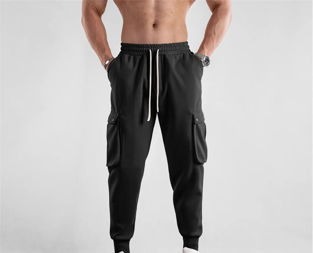 Men's Slim-Fit Cargo Pants with Drawstring Waist Full-Length Outdoor Sports Jogger Casual Trousers