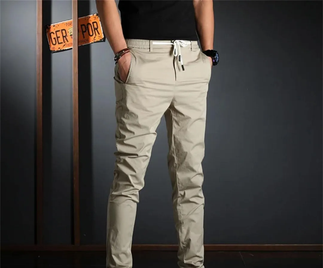 Men's Slim Fit Casual Pants Zipper Fly Lightweight Cotton Full-Length Trousers in Solid Colors