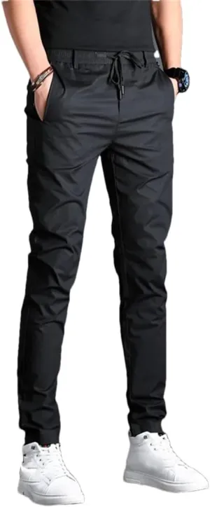 Men's Slim Fit Casual Pants Zipper Fly Lightweight Cotton Full-Length Trousers in Solid Colors