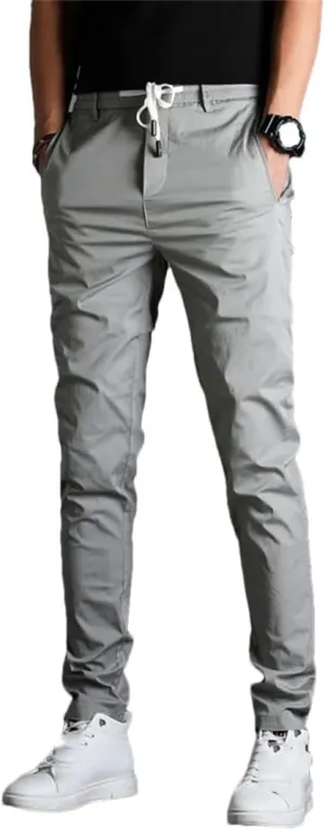 Men's Slim Fit Casual Pants Zipper Fly Lightweight Cotton Full-Length Trousers in Solid Colors