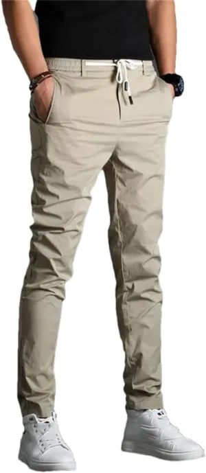 Men's Slim Fit Casual Pants Zipper Fly Lightweight Cotton Full-Length Trousers in Solid Colors