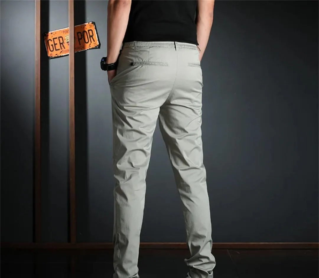 Men's Slim Fit Casual Pants Zipper Fly Lightweight Cotton Full-Length Trousers in Solid Colors