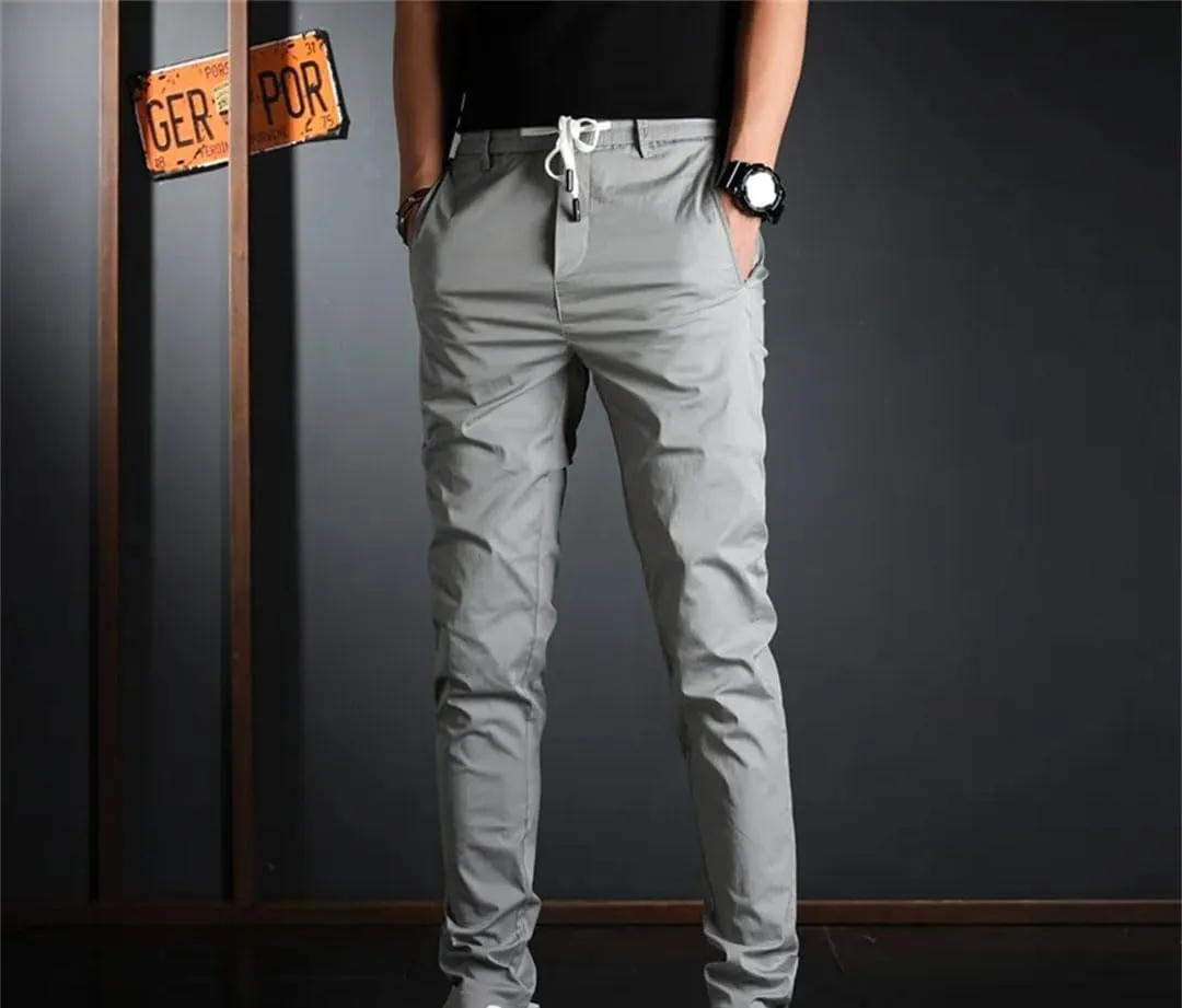 Men's Slim Fit Casual Pants Zipper Fly Lightweight Cotton Full-Length Trousers in Solid Colors