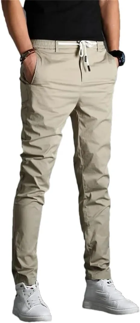 Men's Slim Fit Casual Pants Zipper Fly Lightweight Cotton Full-Length Trousers in Solid Colors
