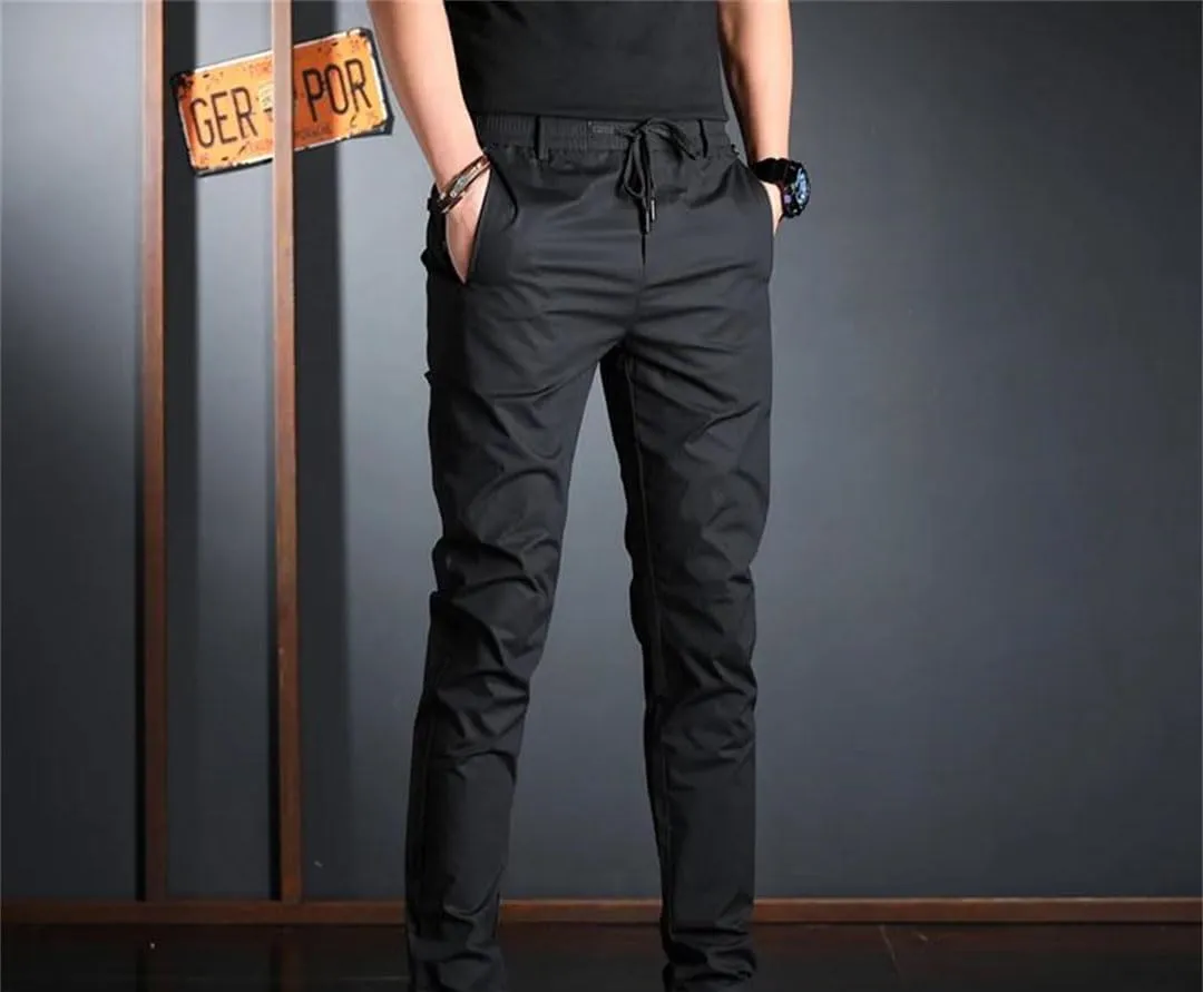 Men's Slim Fit Casual Pants Zipper Fly Lightweight Cotton Full-Length Trousers in Solid Colors
