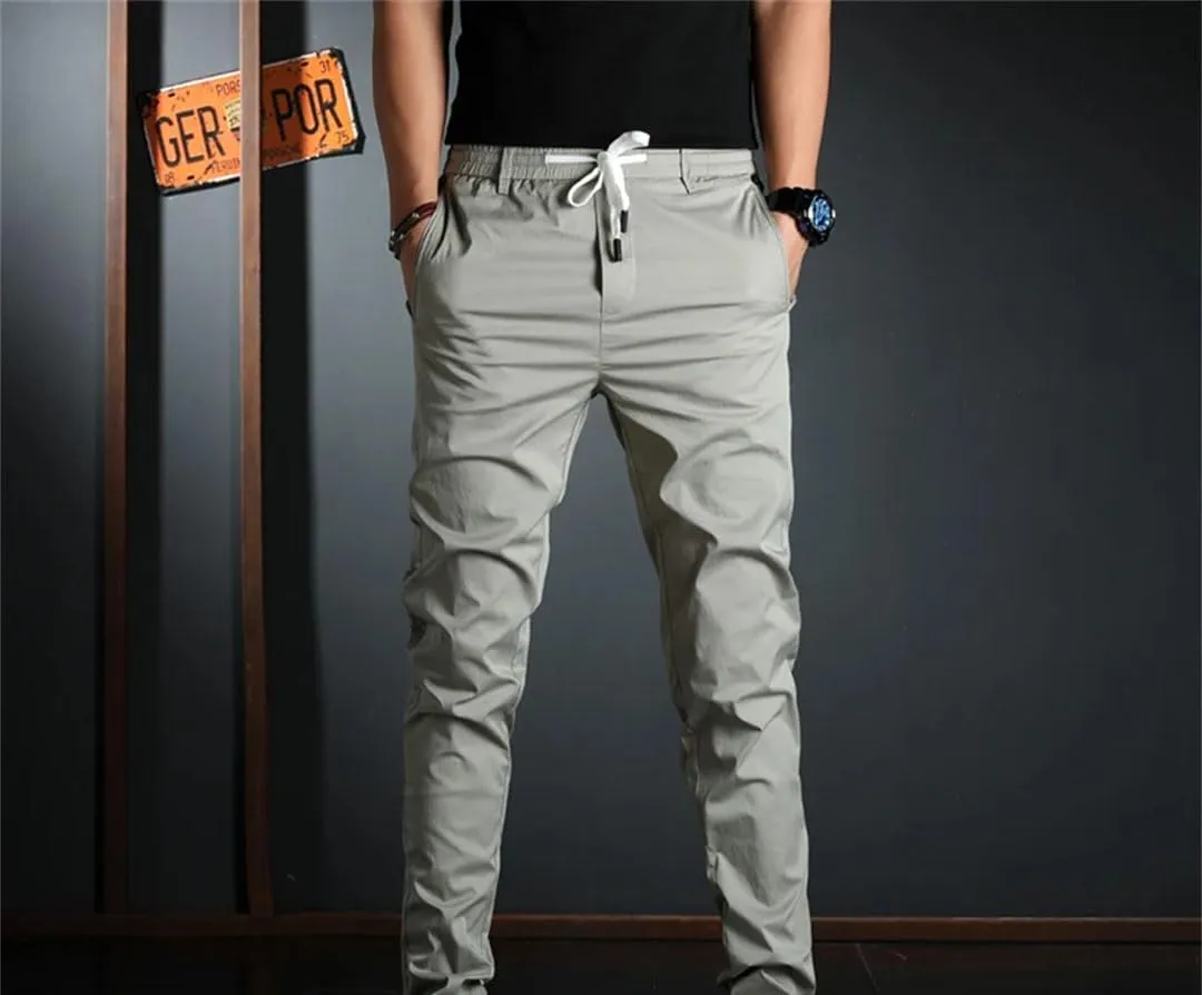 Men's Slim Fit Casual Pants Zipper Fly Lightweight Cotton Full-Length Trousers in Solid Colors