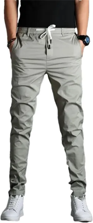 Men's Slim Fit Casual Pants Zipper Fly Lightweight Cotton Full-Length Trousers in Solid Colors